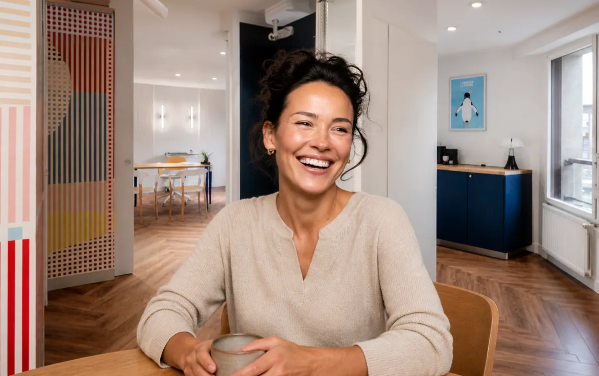 Patiente souriante, assise dans le cabinet du Dr Hervé Plard