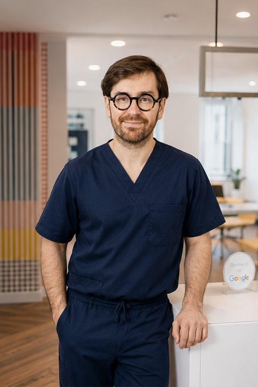 Praticien souriant en tenue de soins bleu marine, debout dans le cabinet
