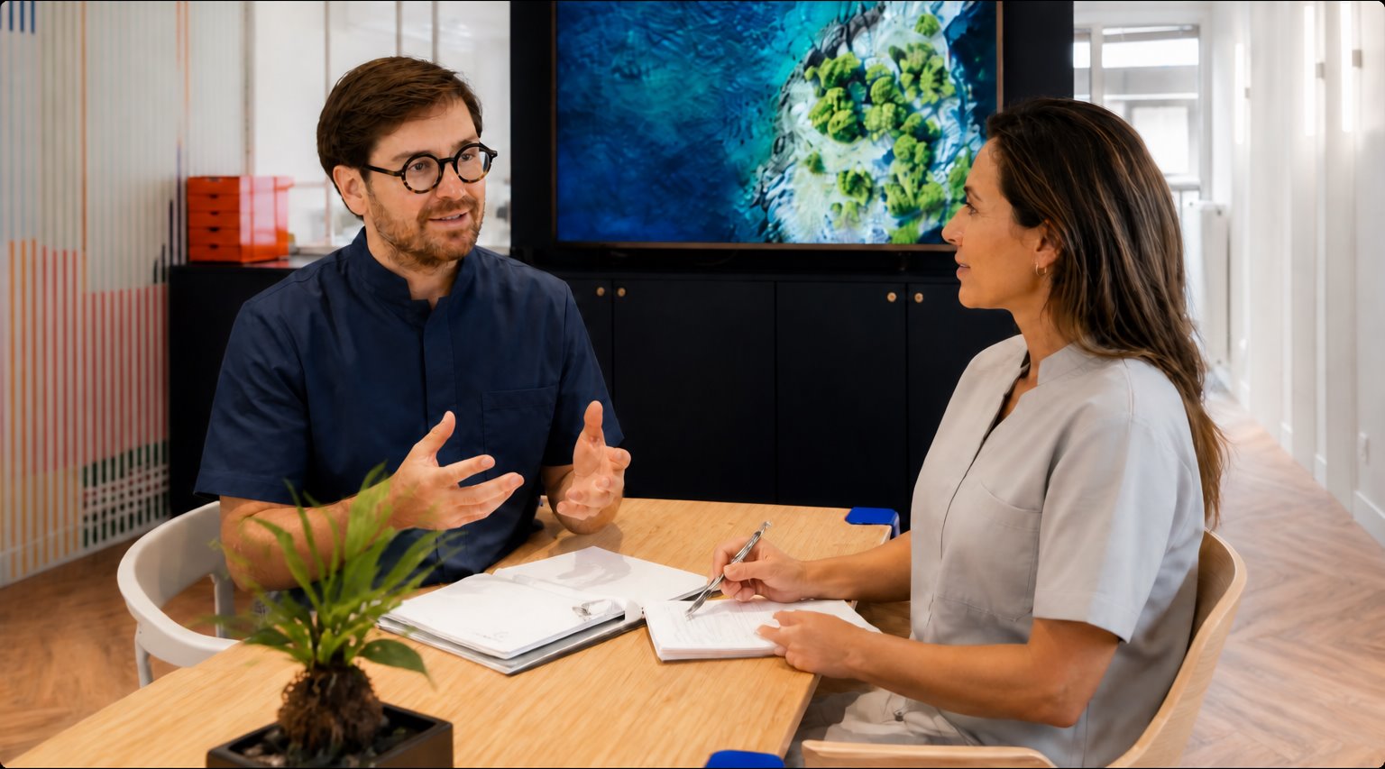 Praticien en tenue bleu marine en discussion avec une femme autour d'une table de travail
